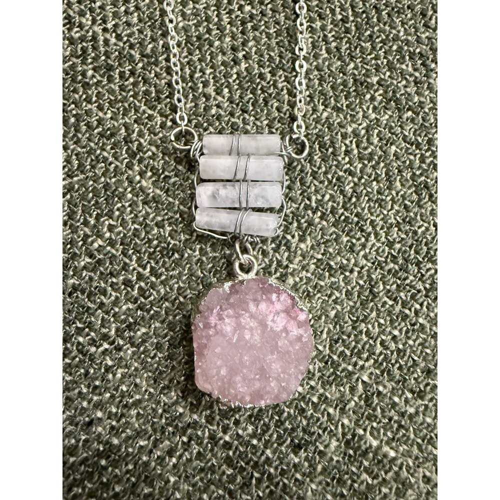 Handmade Rose Quartz Druzy Necklace | Wire Wrapped Quartz | Boho Crystal Pendant - Picture 1 of 7